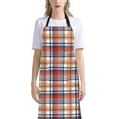 Red Blue And Beige Madras Plaid Print Bib Apron With Pocket