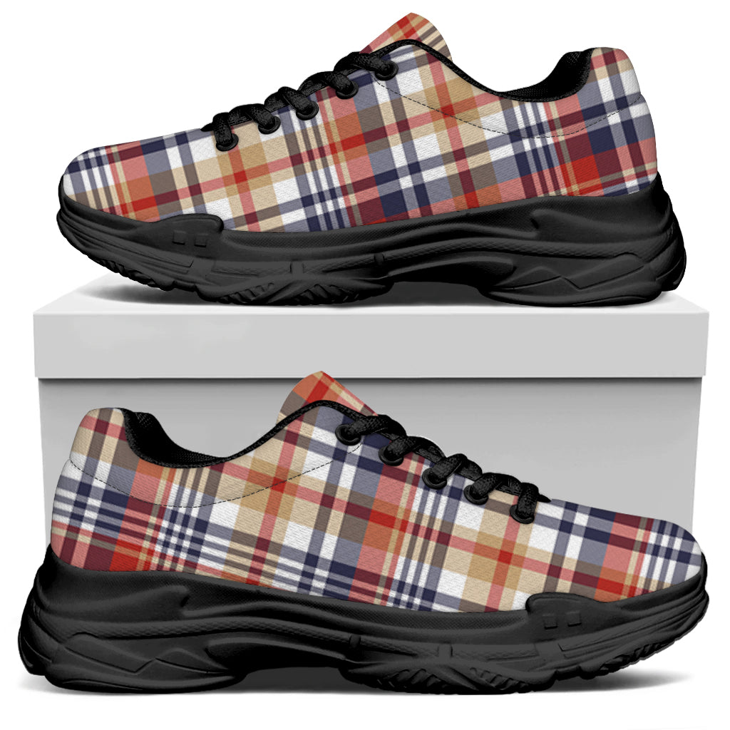 Red Blue And Beige Madras Plaid Print Black Chunky Shoes