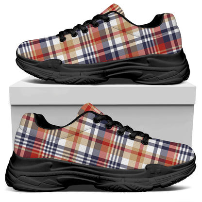 Red Blue And Beige Madras Plaid Print Black Chunky Shoes
