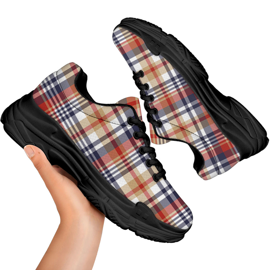Red Blue And Beige Madras Plaid Print Black Chunky Shoes