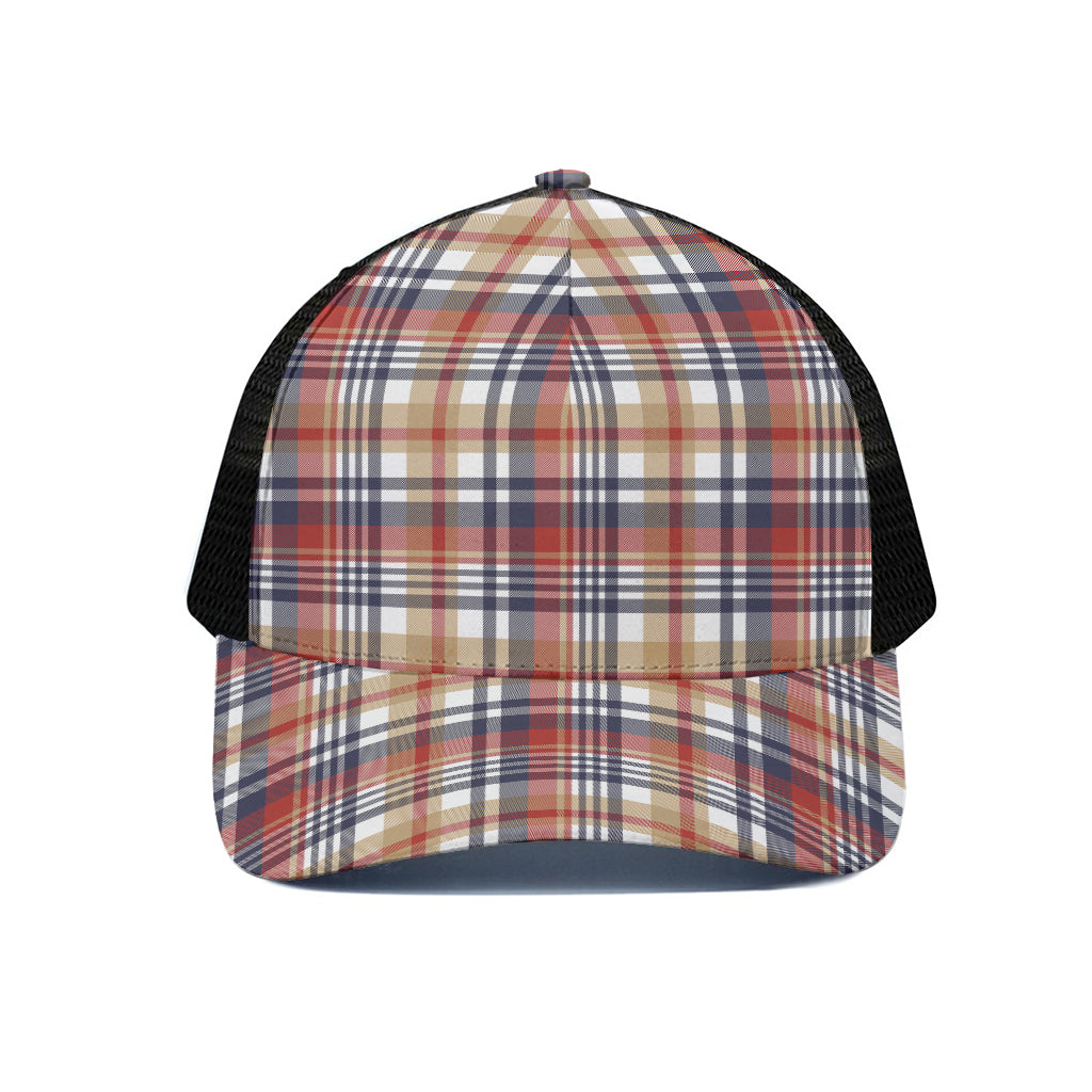Red Blue And Beige Madras Plaid Print Black Mesh Trucker Cap