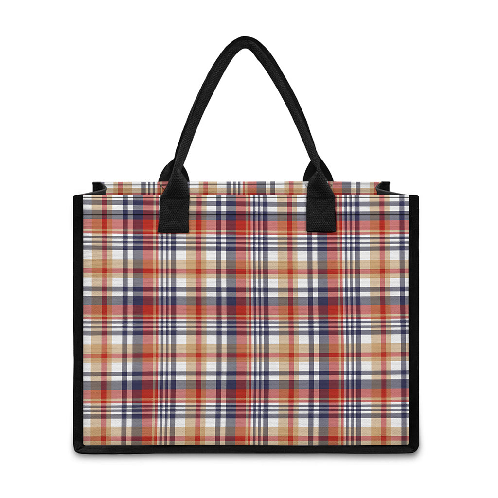 Red Blue And Beige Madras Plaid Print Canvas Tote Bag
