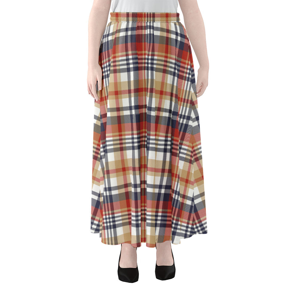 Red Blue And Beige Madras Plaid Print Chiffon Maxi Skirt