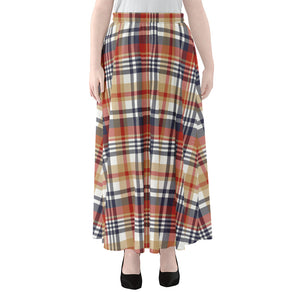 Red Blue And Beige Madras Plaid Print Chiffon Maxi Skirt