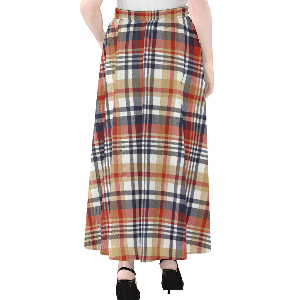 Red Blue And Beige Madras Plaid Print Chiffon Maxi Skirt