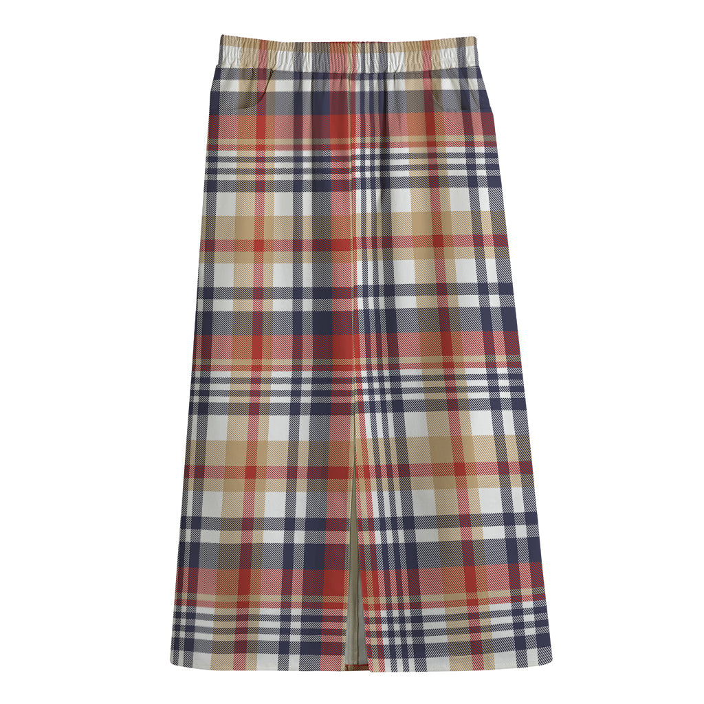 Red Blue And Beige Madras Plaid Print Cotton Front Slit Maxi Skirt