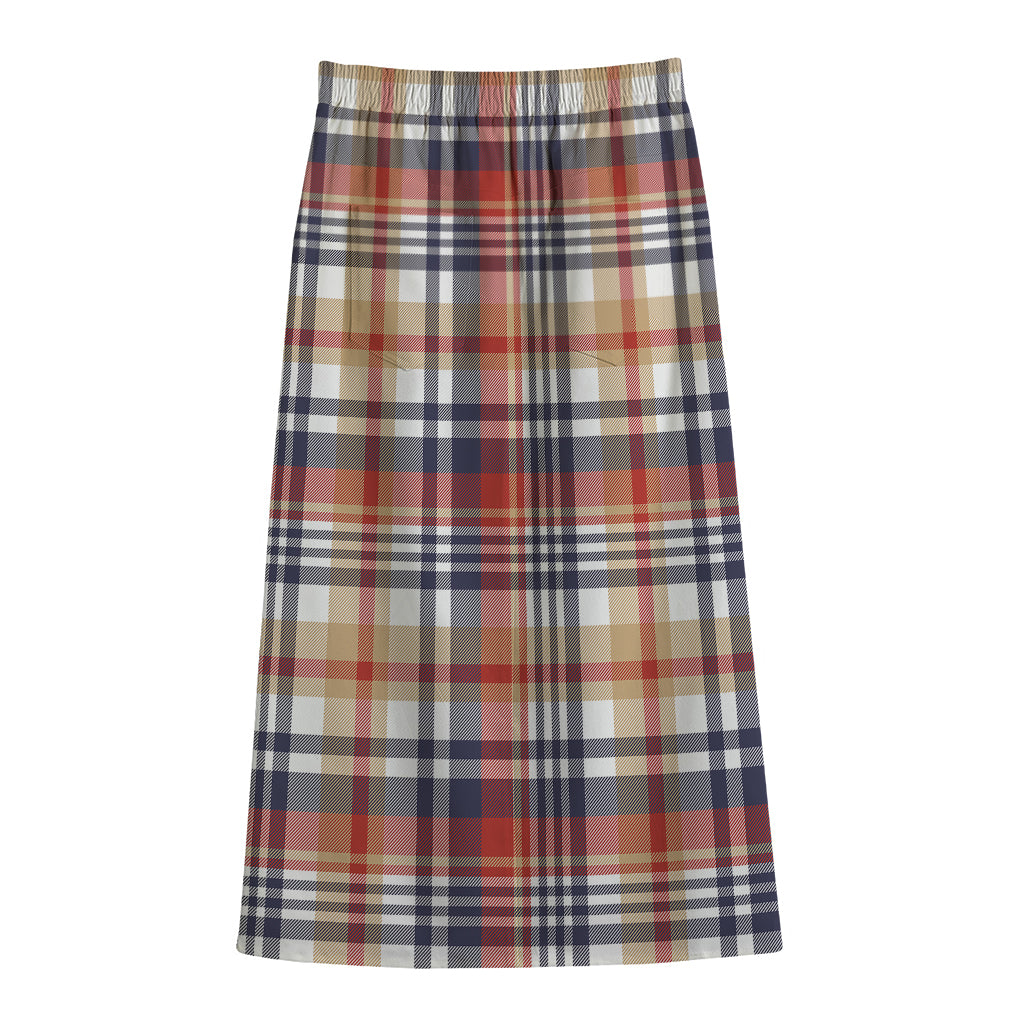 Red Blue And Beige Madras Plaid Print Cotton Front Slit Maxi Skirt