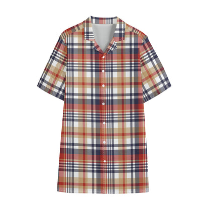 Red Blue And Beige Madras Plaid Print Cotton Hawaiian Shirt