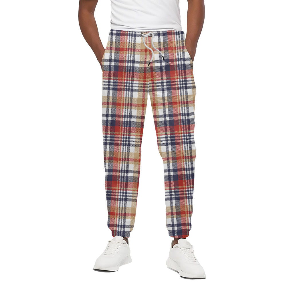 Red Blue And Beige Madras Plaid Print Cotton Pants