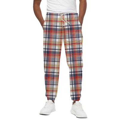 Red Blue And Beige Madras Plaid Print Cotton Pants