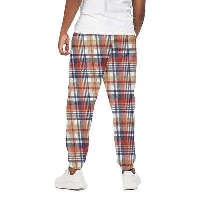 Red Blue And Beige Madras Plaid Print Cotton Pants