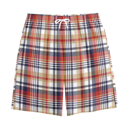 Red Blue And Beige Madras Plaid Print Cotton Shorts