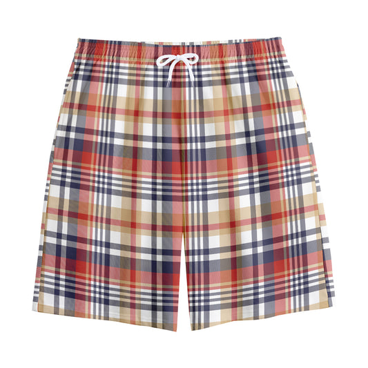 Red Blue And Beige Madras Plaid Print Cotton Shorts