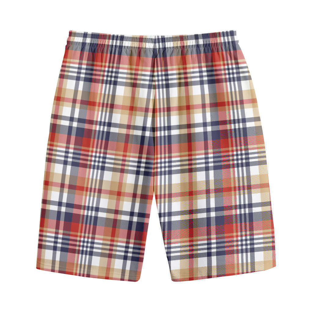 Red Blue And Beige Madras Plaid Print Cotton Shorts