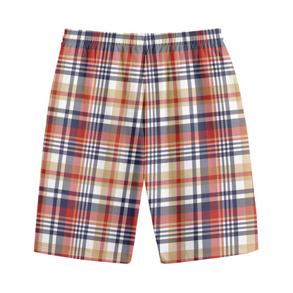 Red Blue And Beige Madras Plaid Print Cotton Shorts