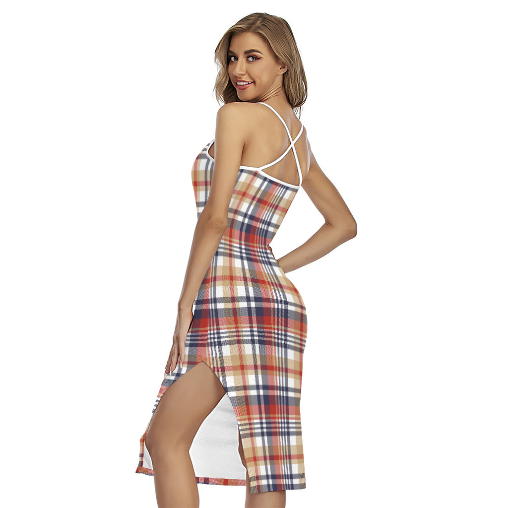 Red Blue And Beige Madras Plaid Print Cross Back Cami Dress
