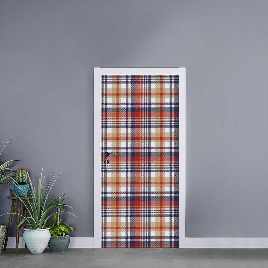 Red Blue And Beige Madras Plaid Print Door Sticker