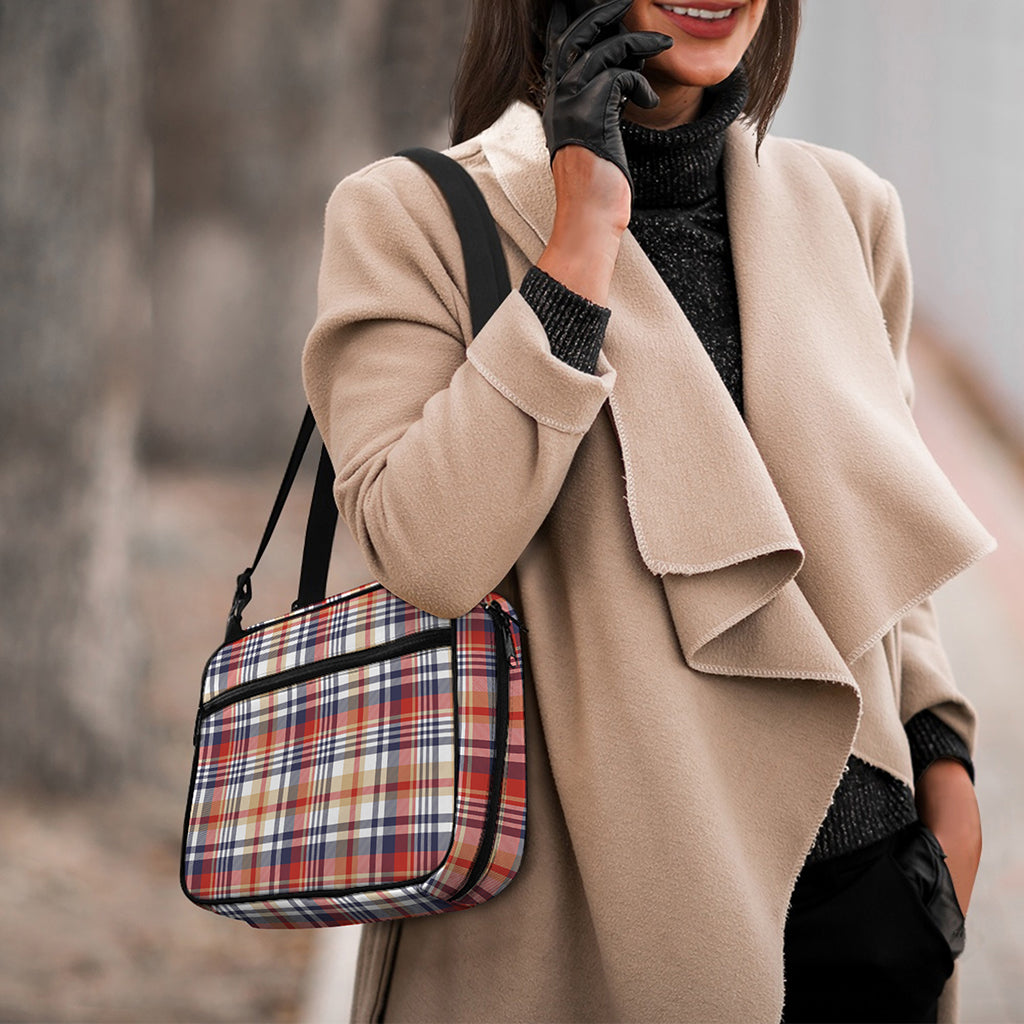 Red Blue And Beige Madras Plaid Print Double Strap Bible Bag
