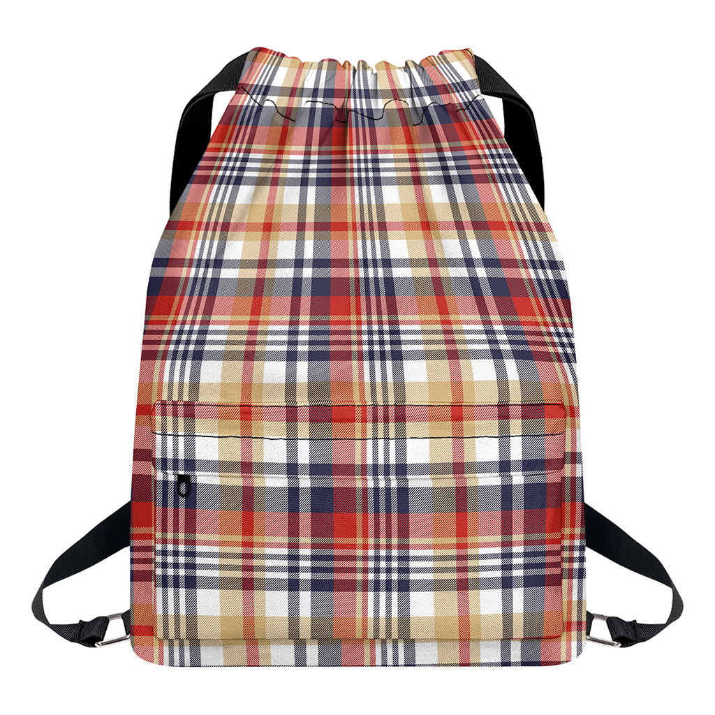 Red Blue And Beige Madras Plaid Print Drawstring Backpack