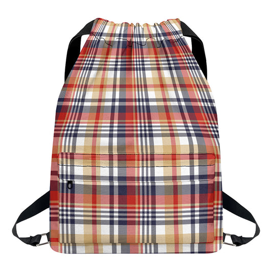 Red Blue And Beige Madras Plaid Print Drawstring Backpack
