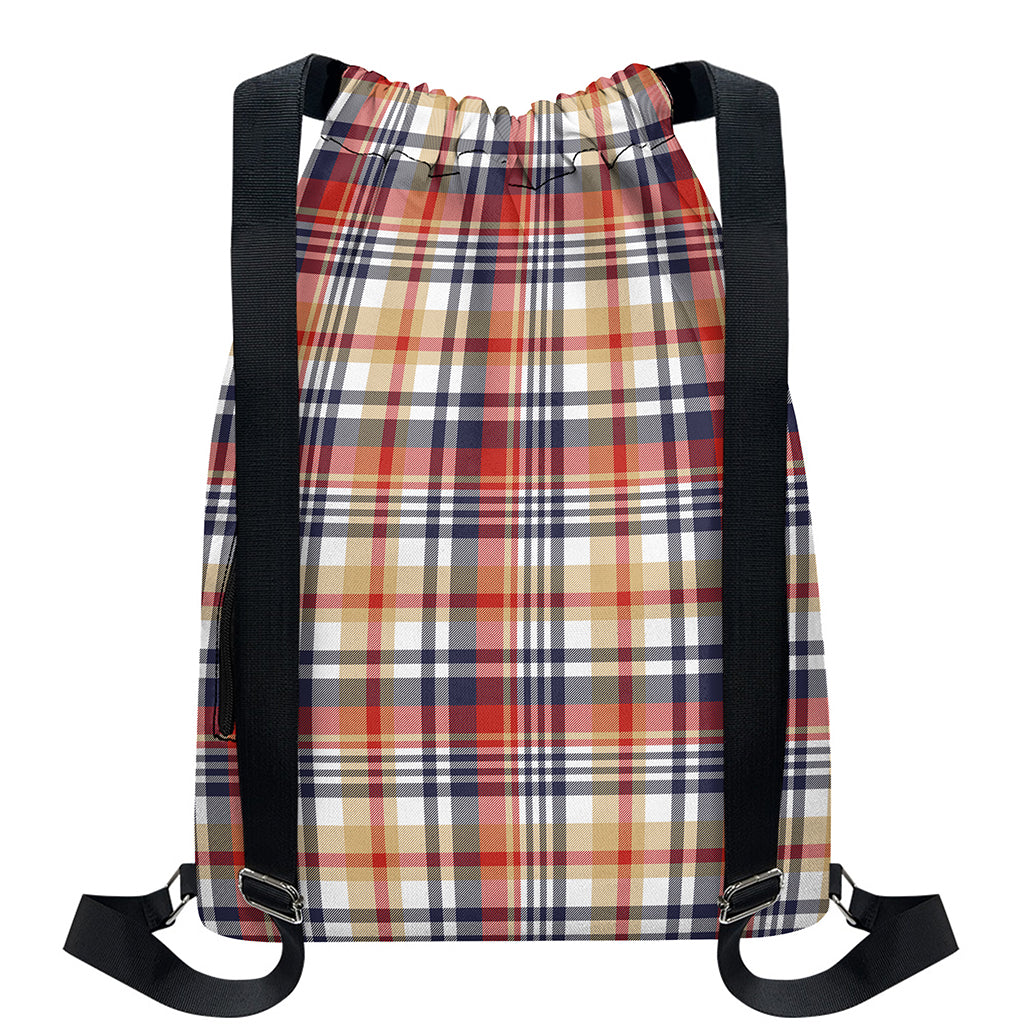 Red Blue And Beige Madras Plaid Print Drawstring Backpack