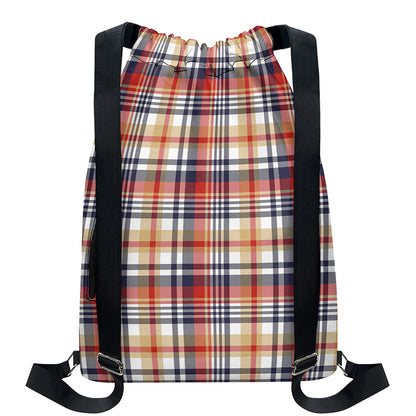 Red Blue And Beige Madras Plaid Print Drawstring Backpack
