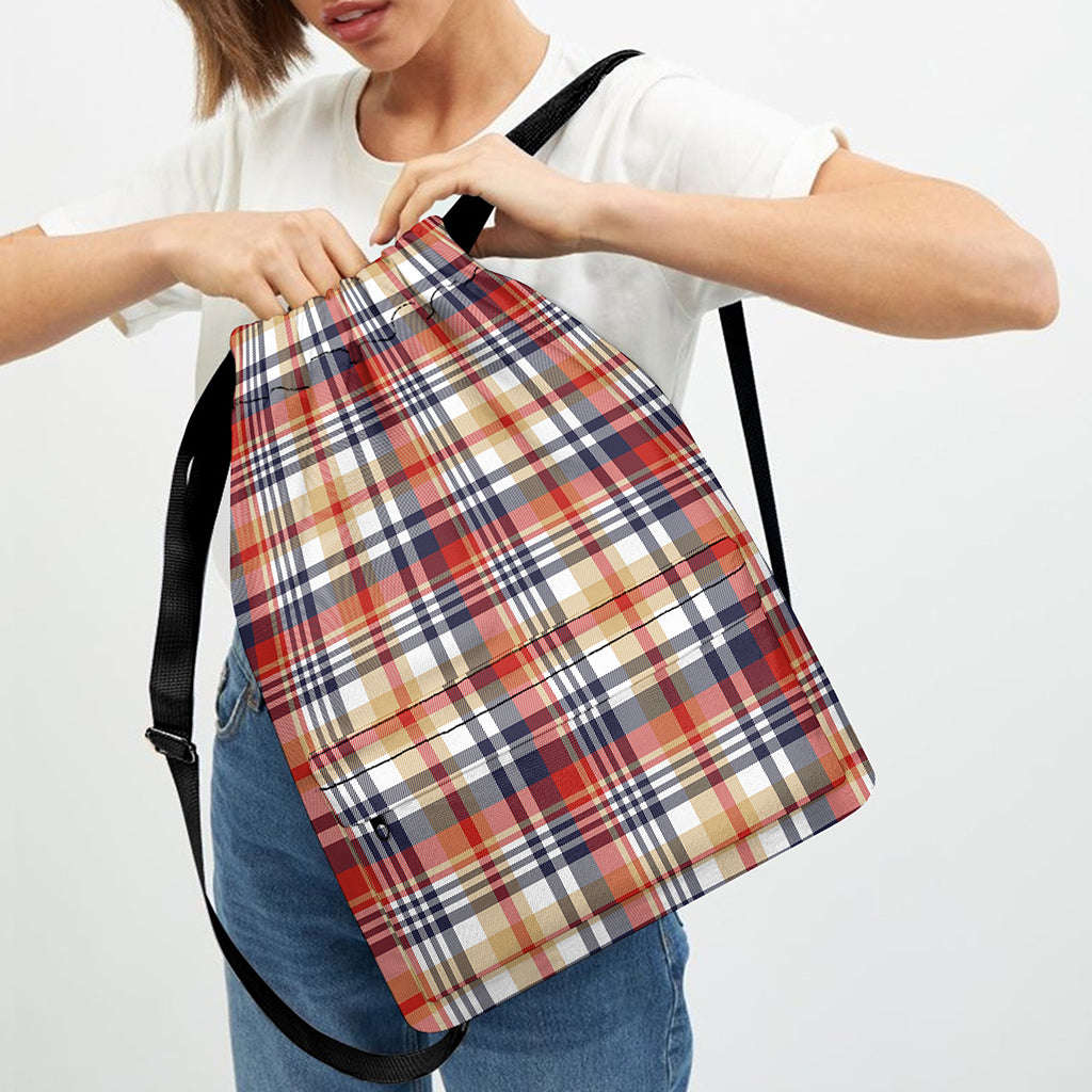 Red Blue And Beige Madras Plaid Print Drawstring Backpack