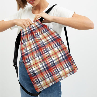 Red Blue And Beige Madras Plaid Print Drawstring Backpack