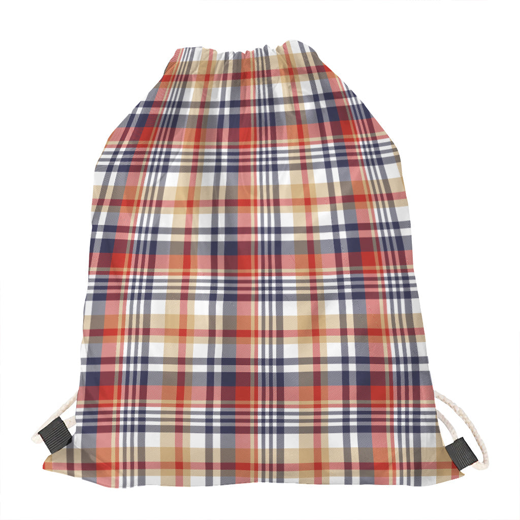Red Blue And Beige Madras Plaid Print Drawstring Bag