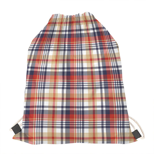 Red Blue And Beige Madras Plaid Print Drawstring Bag