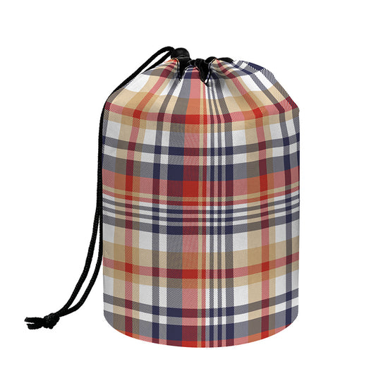 Red Blue And Beige Madras Plaid Print Drawstring Makeup Bag