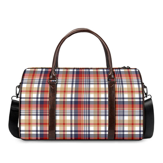 Red Blue And Beige Madras Plaid Print Duffle Bag