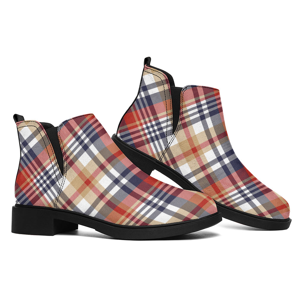 Red Blue And Beige Madras Plaid Print Flat Ankle Boots