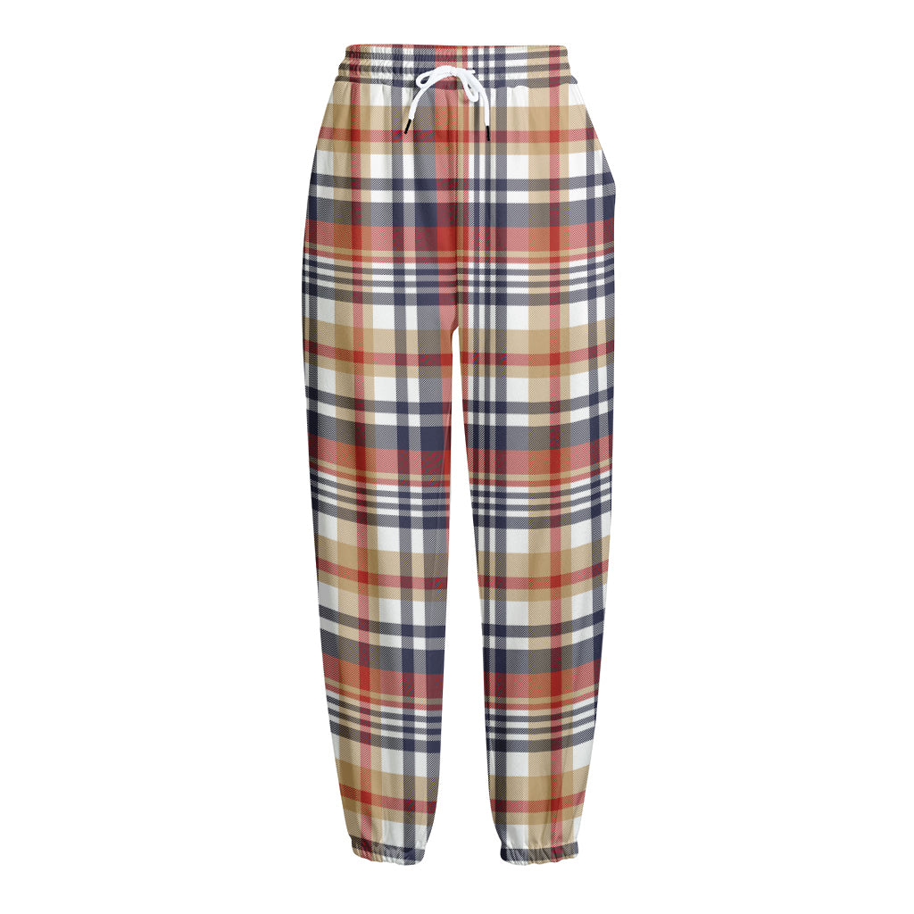 Red Blue And Beige Madras Plaid Print Fleece Lined Knit Pants