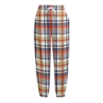 Red Blue And Beige Madras Plaid Print Fleece Lined Knit Pants