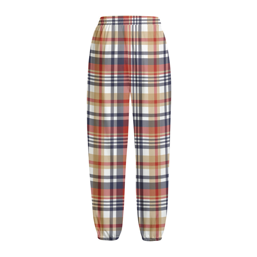 Red Blue And Beige Madras Plaid Print Fleece Lined Knit Pants