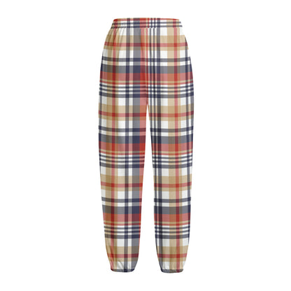Red Blue And Beige Madras Plaid Print Fleece Lined Knit Pants