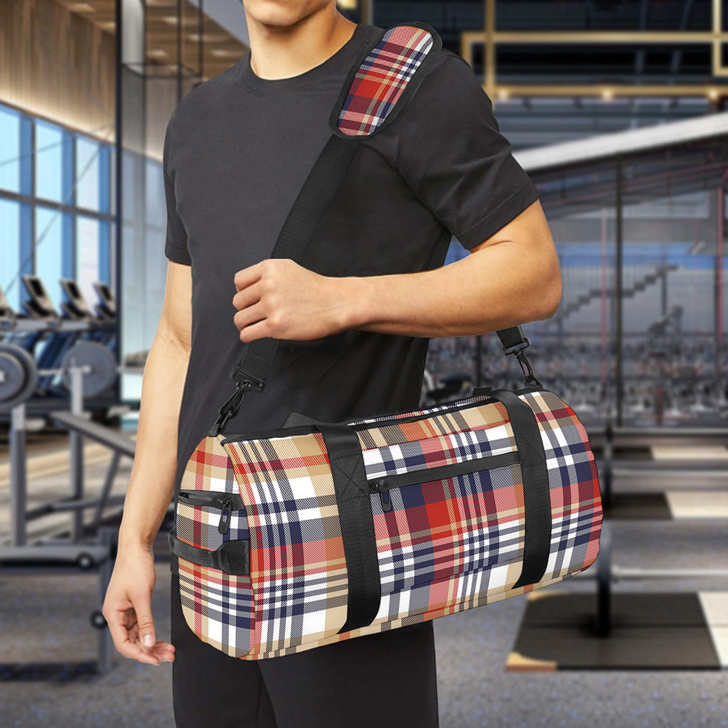 Red Blue And Beige Madras Plaid Print Gym Bag