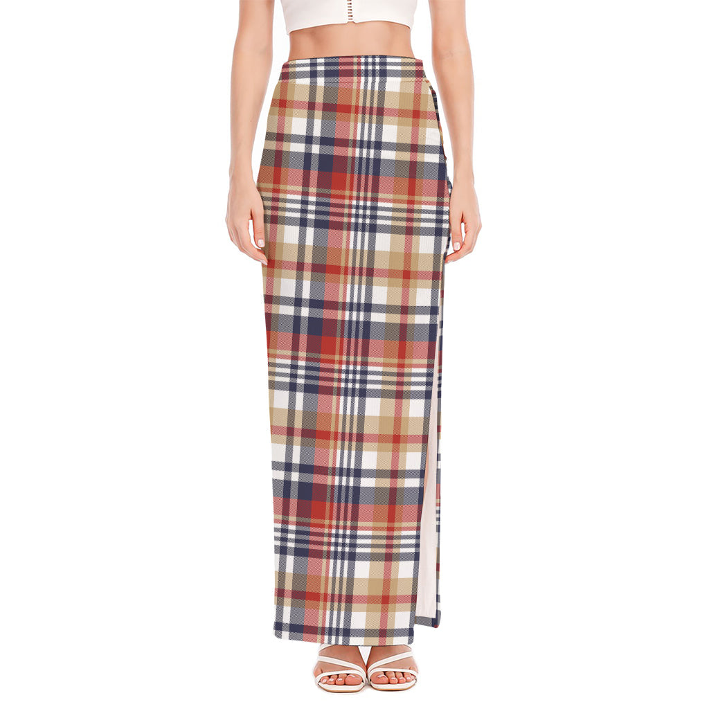 Red Blue And Beige Madras Plaid Print High Slit Maxi Skirt