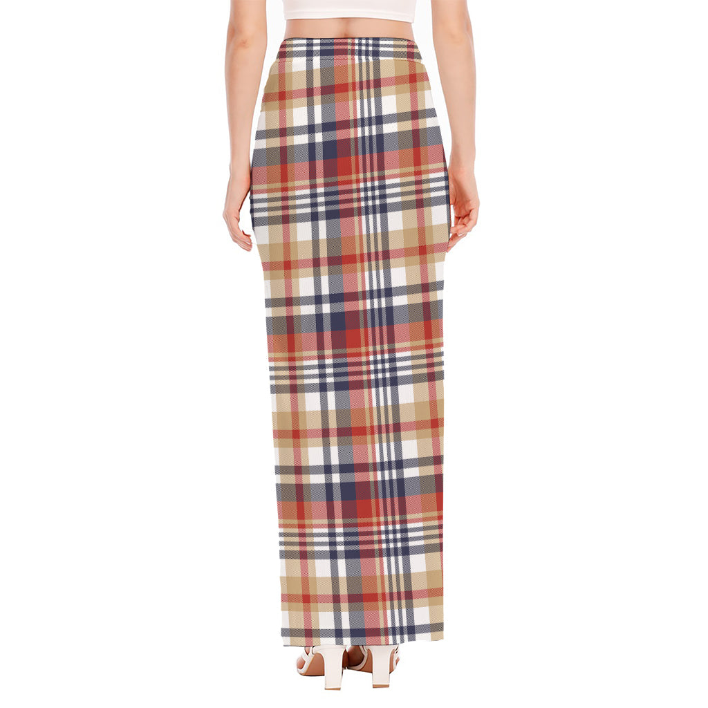 Red Blue And Beige Madras Plaid Print High Slit Maxi Skirt