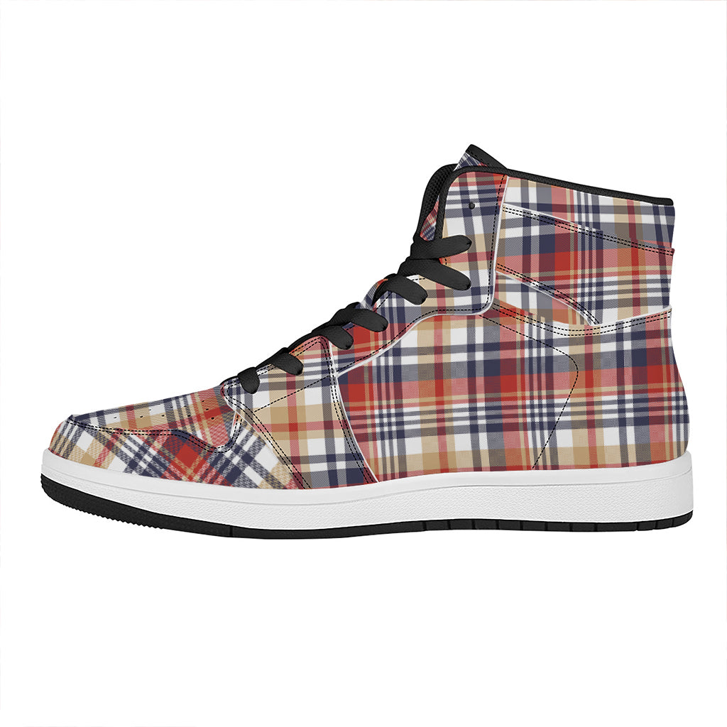 Red Blue And Beige Madras Plaid Print High Top Leather Sneakers