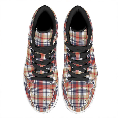 Red Blue And Beige Madras Plaid Print High Top Leather Sneakers