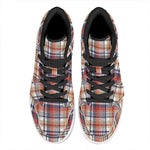 Red Blue And Beige Madras Plaid Print High Top Leather Sneakers