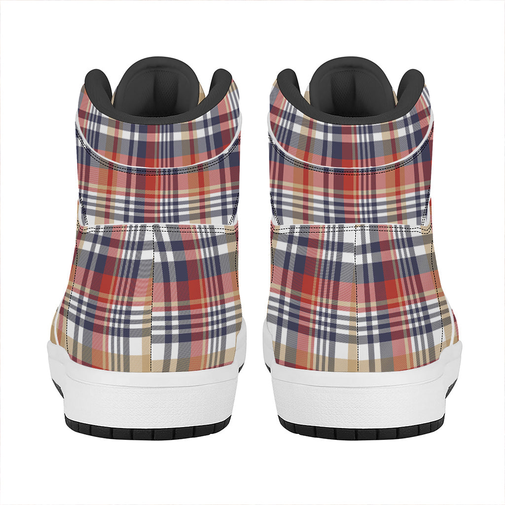 Red Blue And Beige Madras Plaid Print High Top Leather Sneakers