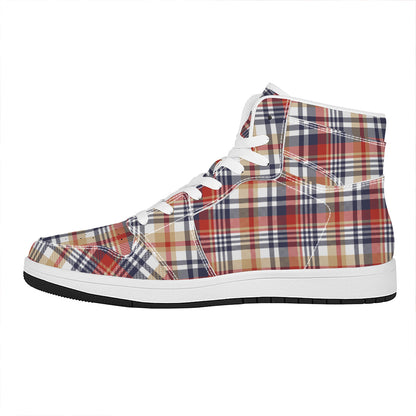 Red Blue And Beige Madras Plaid Print High Top Leather Sneakers