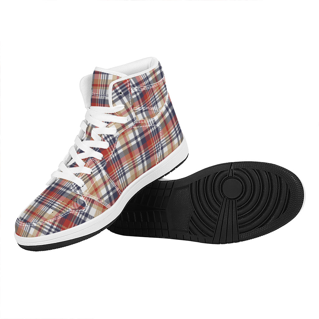 Red Blue And Beige Madras Plaid Print High Top Leather Sneakers