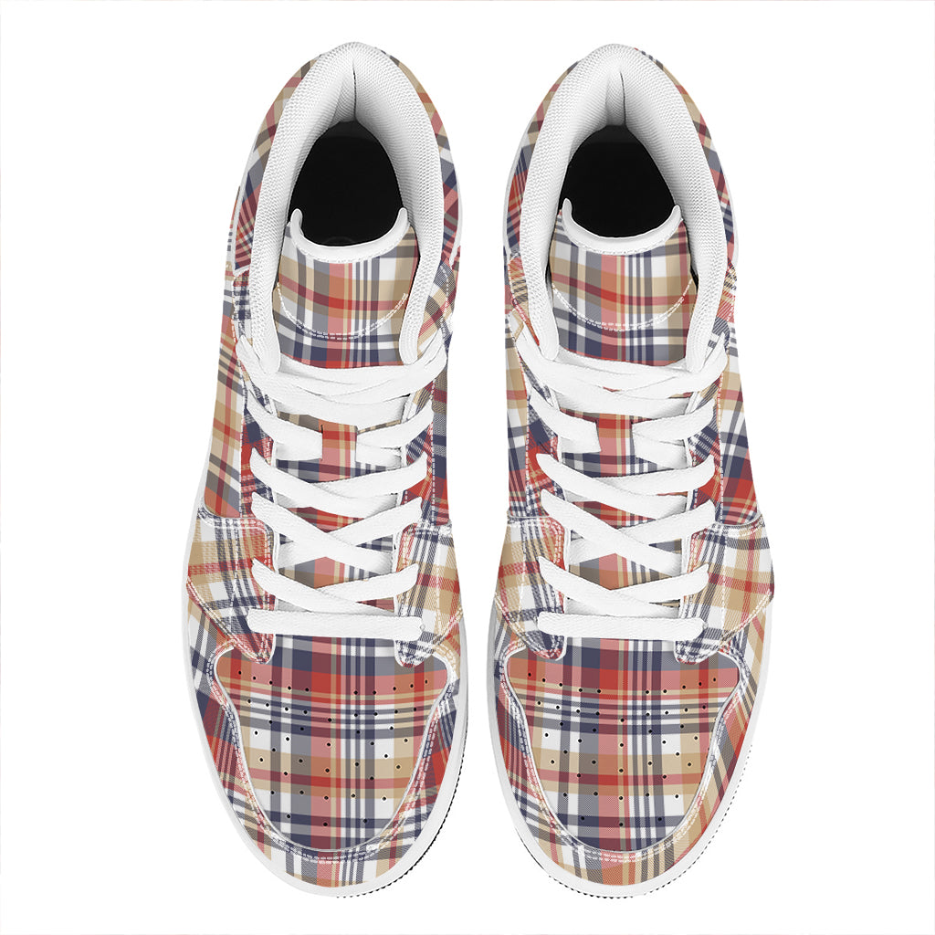 Red Blue And Beige Madras Plaid Print High Top Leather Sneakers