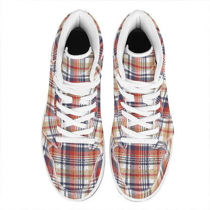 Red Blue And Beige Madras Plaid Print High Top Leather Sneakers