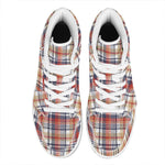 Red Blue And Beige Madras Plaid Print High Top Leather Sneakers
