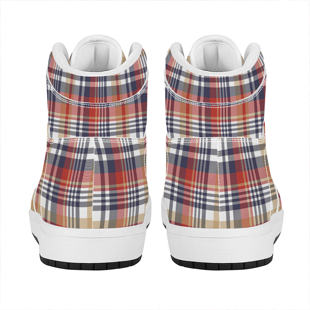 Red Blue And Beige Madras Plaid Print High Top Leather Sneakers